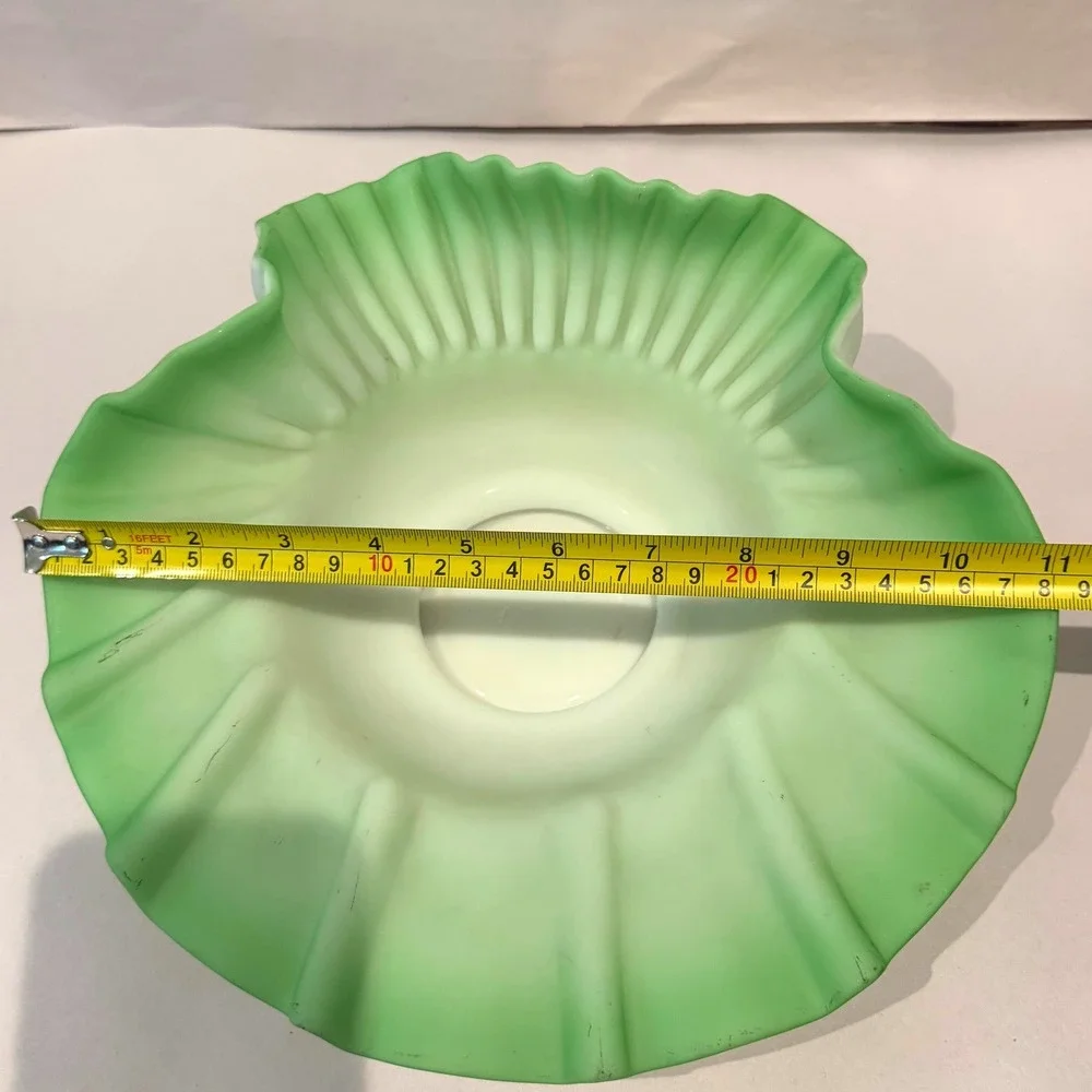 Fenton Green Satin Cased Over White Ruffled Shell Large Bowl Centerpiece 40s-50s
